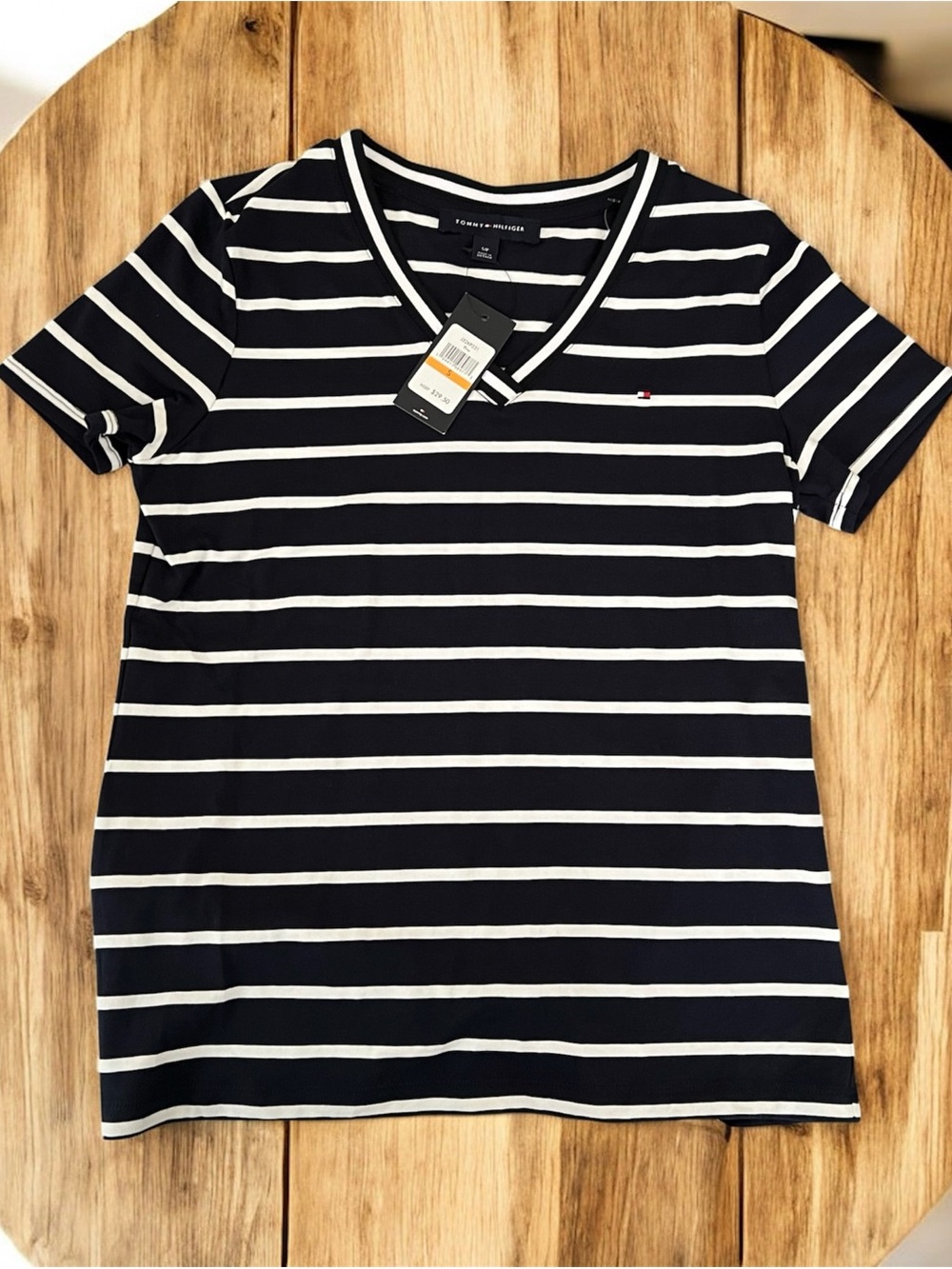 Tommy Hilfiger S Women's Navy & White Striped V-Neck Tee